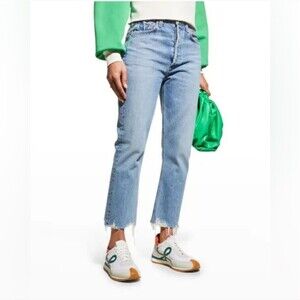 Agolde Riley High Rise Jeans Light Wash Raw Hem Button Fly 25